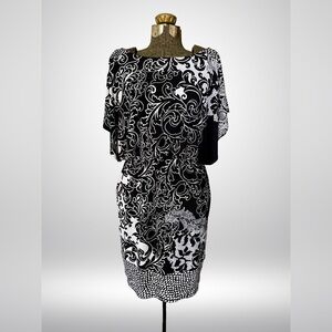 Black White Baroque Blouson Sheath Dress Flutter Sleeves Boat Neck Elastic Waist